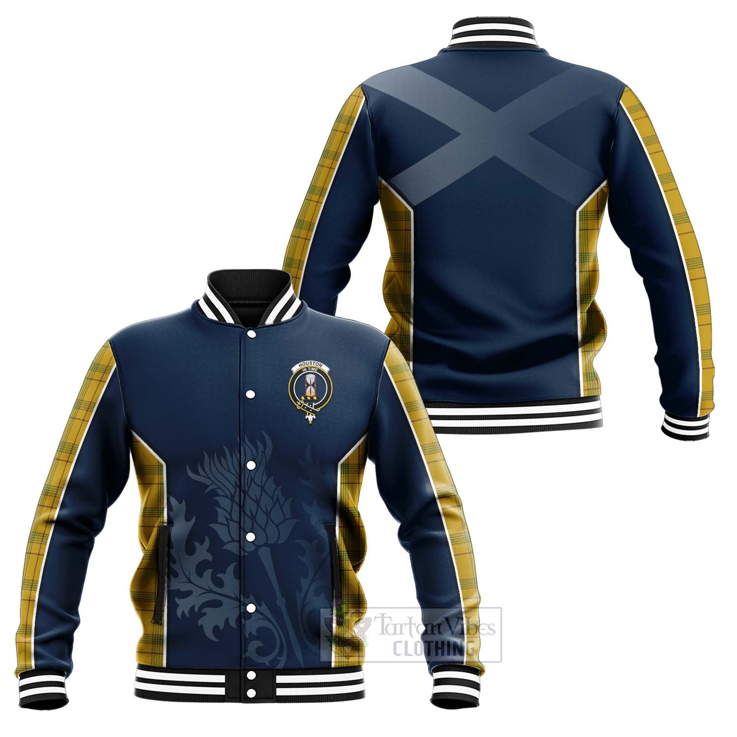 Houston Tartan Baseball Jacket with Family Crest and Scottish Thistle Vibes Sport Style Unisex - Tartan Vibes Clothing