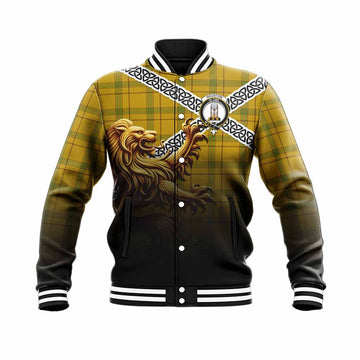Houston Crest Tartan Baseball Jacket with Golden Lion Emblem Celtic Style Unisex - Tartan Vibes Clothing