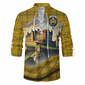Houston Tartan Family Crest Ghillie Kilt Shirt with Scottish Ancient Castle Style Men - Tartan Vibes Clothing