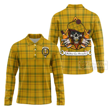 Houston Tartan Long Sleeve Polo Shirt with Family Crest and Bearded Skull Holding Bottles of Whiskey Unisex - Tartan Vibes Clothing