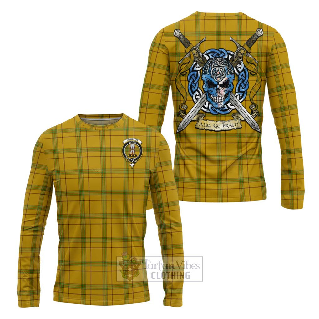 Houston Tartan Long Sleeve T-Shirt with Family Crest Celtic Skull Style Unisex - Tartan Vibes Clothing