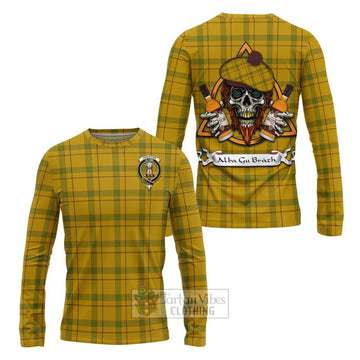 Houston Tartan Long Sleeve T-Shirt with Family Crest and Bearded Skull Holding Bottles of Whiskey Unisex - Tartan Vibes Clothing