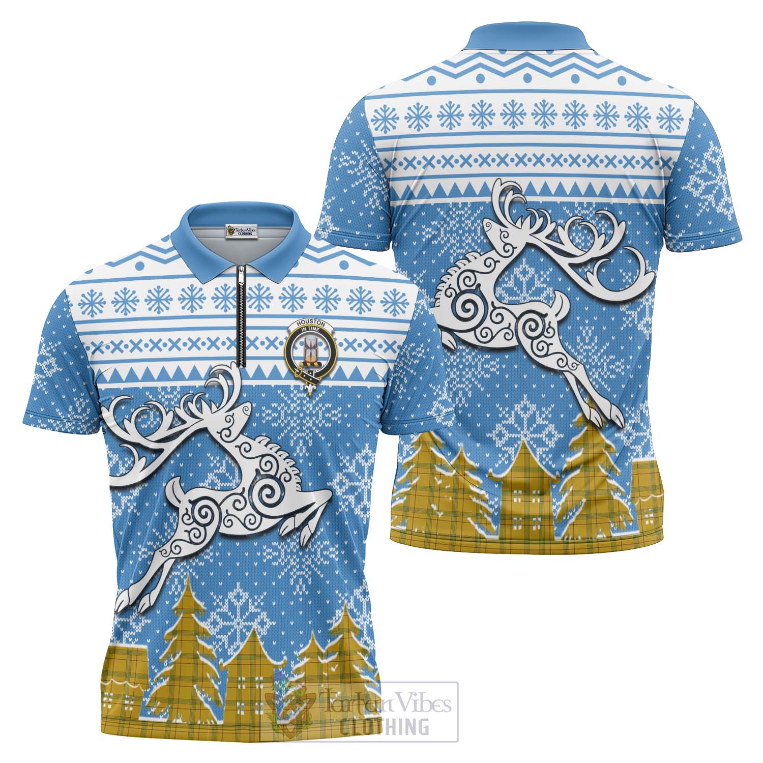 Houston Clan Christmas Zipper Polo Shirt Celtic Reindeer Style Unisex - Tartan Vibes Clothing