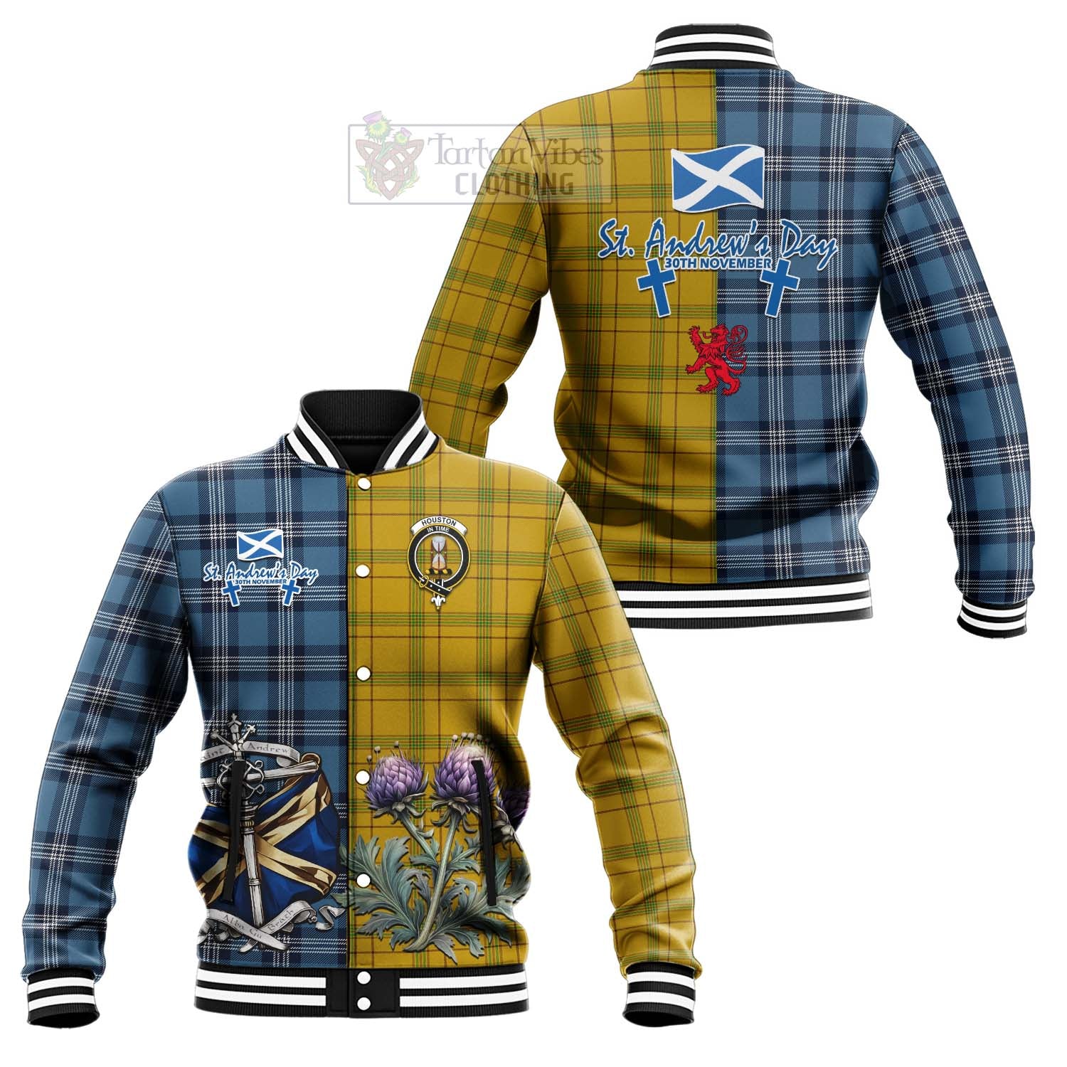 Houston Tartan Baseball Jacket Happy St. Andrew's Day Half Tartan Style Unisex - Tartan Vibes Clothing