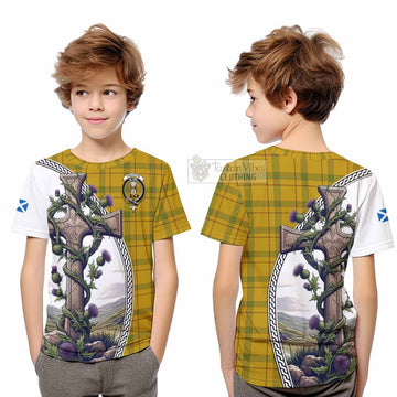Tartan Vibes Clothing Houston Tartan Kid T-Shirt with Family Crest and St. Andrew's Cross Accented by Thistle Vines