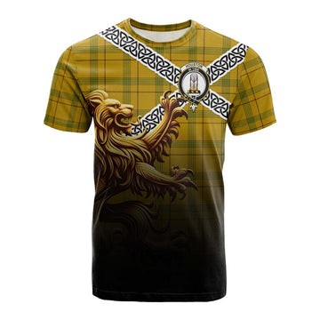Tartan Vibes Clothing Houston Crest Tartan Cotton T-shirt with Golden Lion Emblem Celtic Style