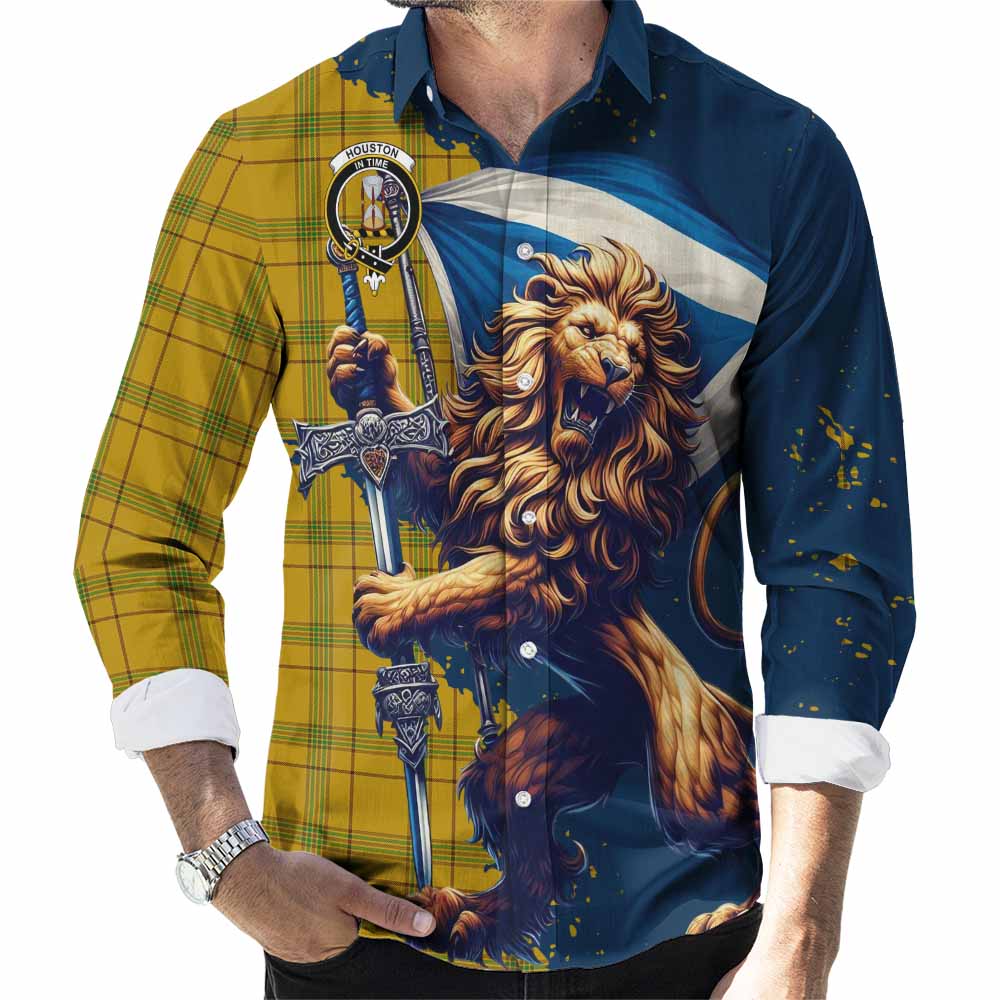Houston Tartan Family Crest Long Sleeve Button Shirt with Scottish Majestic Lion Men's Shirt S - Tartan Vibes Clothing
