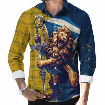 Houston Tartan Family Crest Long Sleeve Button Shirt with Scottish Majestic Lion Men's Shirt S - Tartan Vibes Clothing