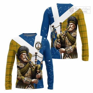 Houston Tartan Long Sleeve T-Shirt with Family Crest Scottish Bagpiper Vibes Unisex - Tartan Vibes Clothing