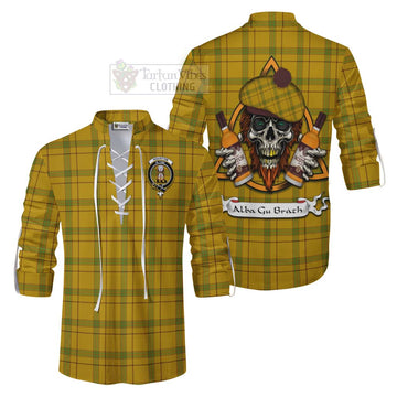 Houston Tartan Ghillie Kilt Shirt with Family Crest and Bearded Skull Holding Bottles of Whiskey Men - Tartan Vibes Clothing