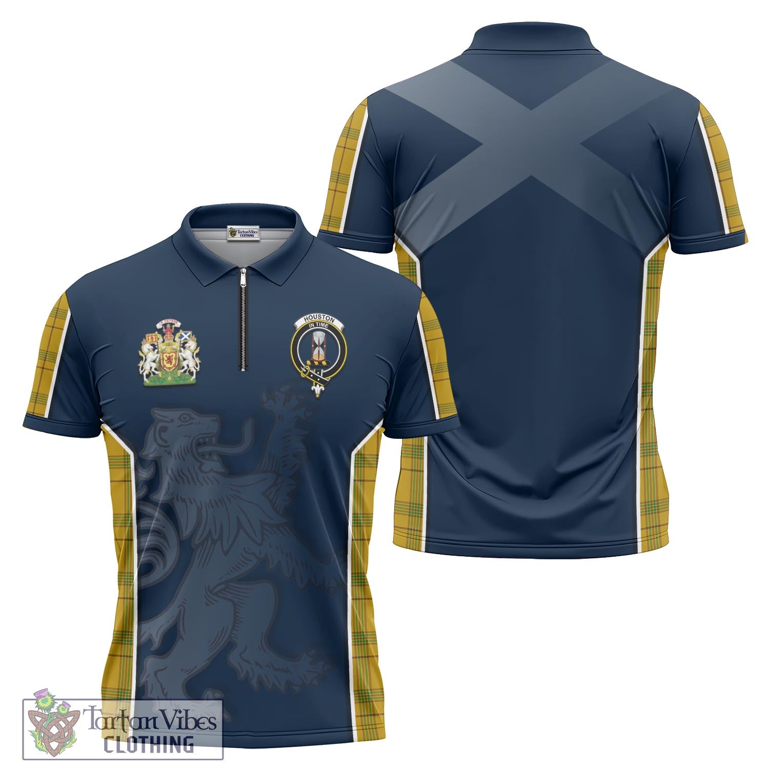 Tartan Vibes Clothing Houston Tartan Zipper Polo Shirt with Family Crest and Lion Rampant Vibes Sport Style