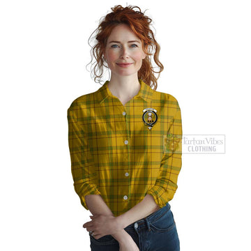 Houston Tartan Women's Casual Shirt with Family Crest and Bearded Skull Holding Bottles of Whiskey Female - Tartan Vibes Clothing