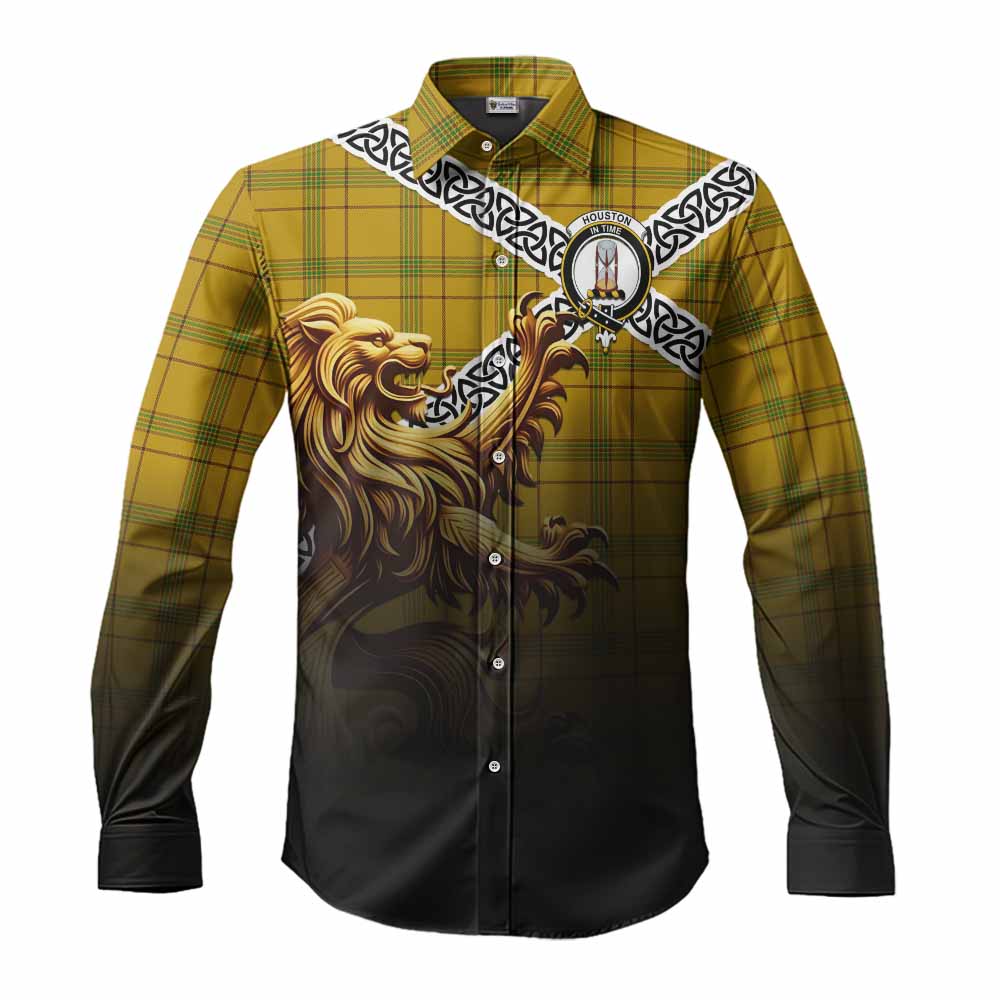 Houston Crest Tartan Long Sleeve Button Shirt with Golden Lion Emblem Celtic Style Men's Shirt S - Tartan Vibes Clothing