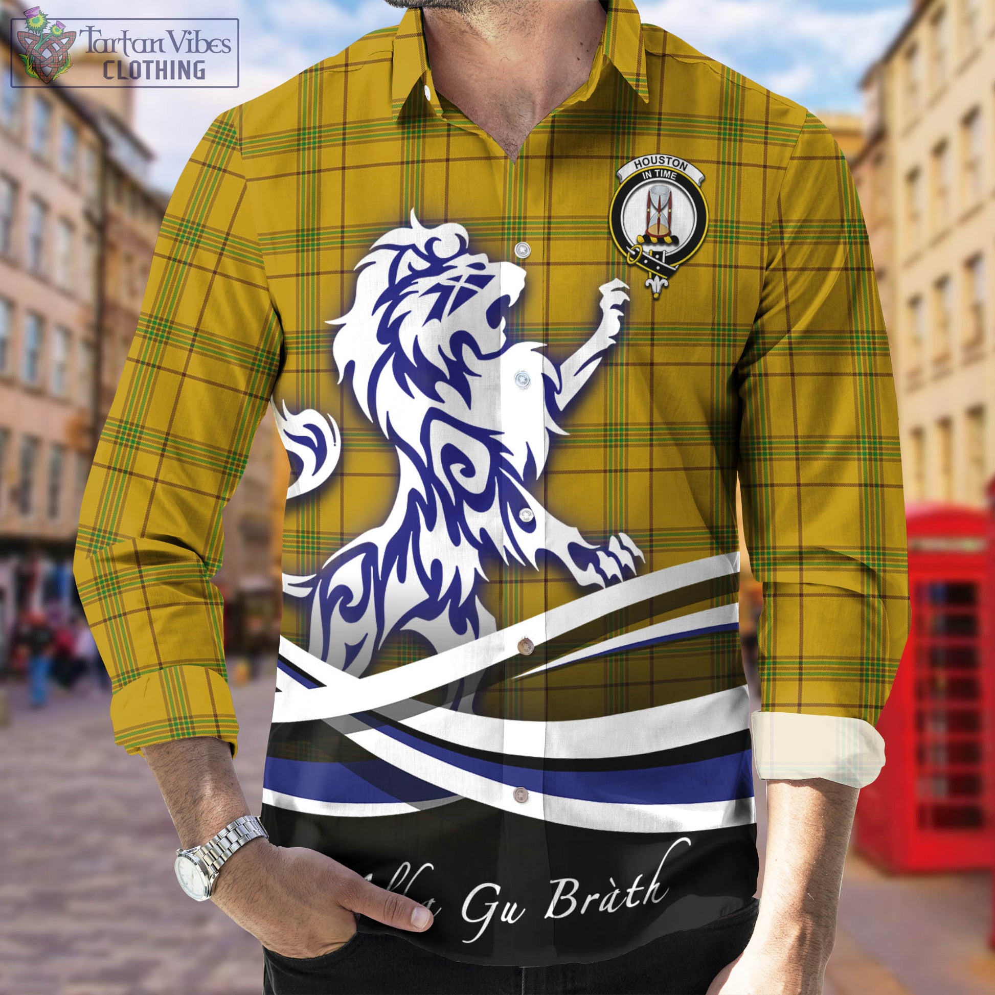 Houston Tartan Long Sleeve Button Up Shirt with Alba Gu Brath Regal Lion Emblem Men's Shirt - Tartan Vibes Clothing
