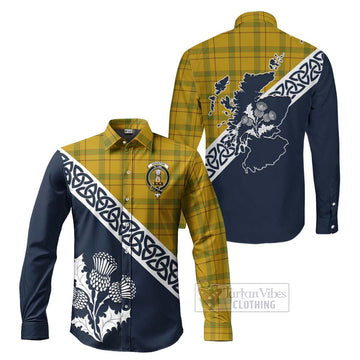Houston Tartan Long Sleeve Button Shirt Featuring Thistle and Scotland Map Men's Shirt S - Tartan Vibes Clothing