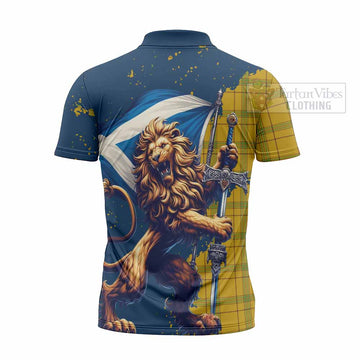 Houston Tartan Family Crest Zipper Polo Shirt with Scottish Majestic Lion - Tartan Vibes Clothing
