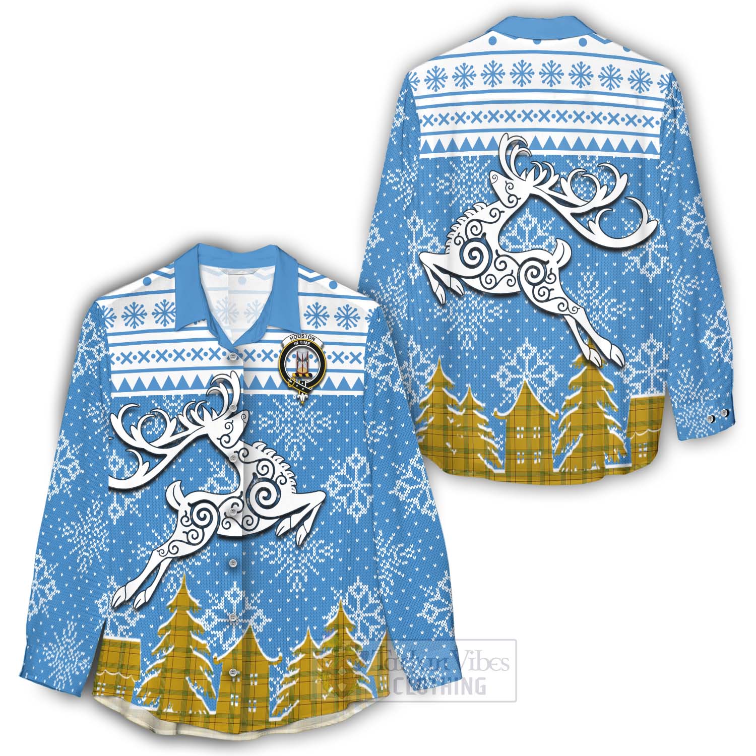Houston Clan Christmas Women's Casual Shirt Celtic Reindeer Style - Tartan Vibes Clothing