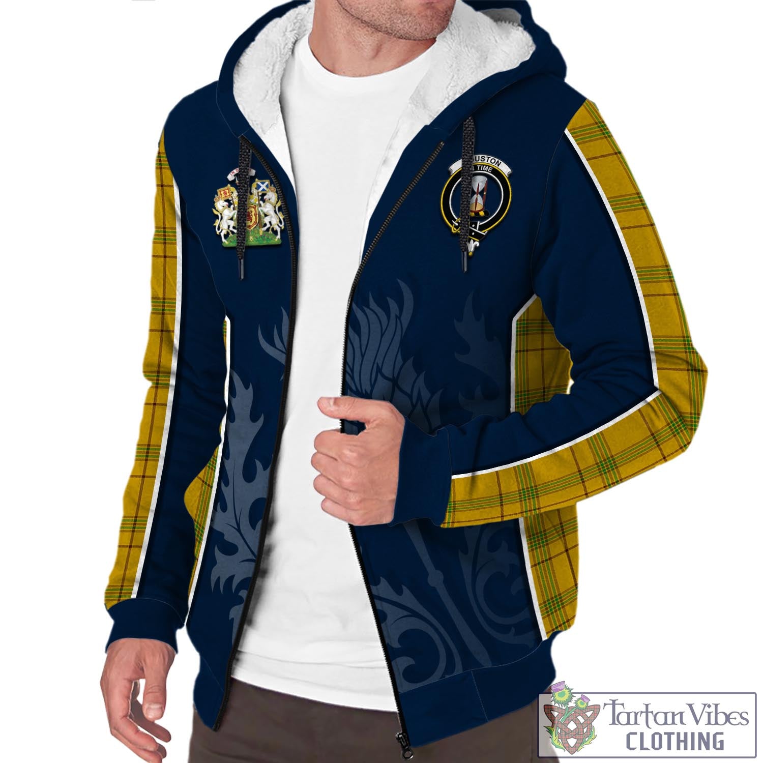 Tartan Vibes Clothing Houston Tartan Sherpa Hoodie with Family Crest and Scottish Thistle Vibes Sport Style