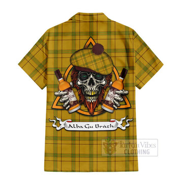 Houston Tartan Hawaiian Shirt with Family Crest and Bearded Skull Holding Bottles of Whiskey - Tartan Vibes Clothing