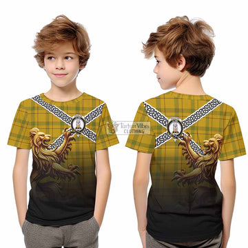 Houston Crest Tartan Kid T-Shirt with Golden Lion Emblem Celtic Style - Tartan Vibes Clothing