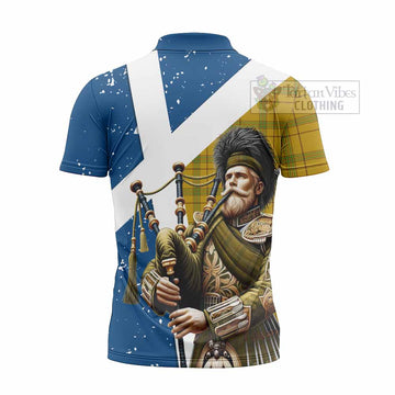 Houston Tartan Zipper Polo Shirt with Family Crest Scottish Bagpiper Vibes - Tartan Vibes Clothing