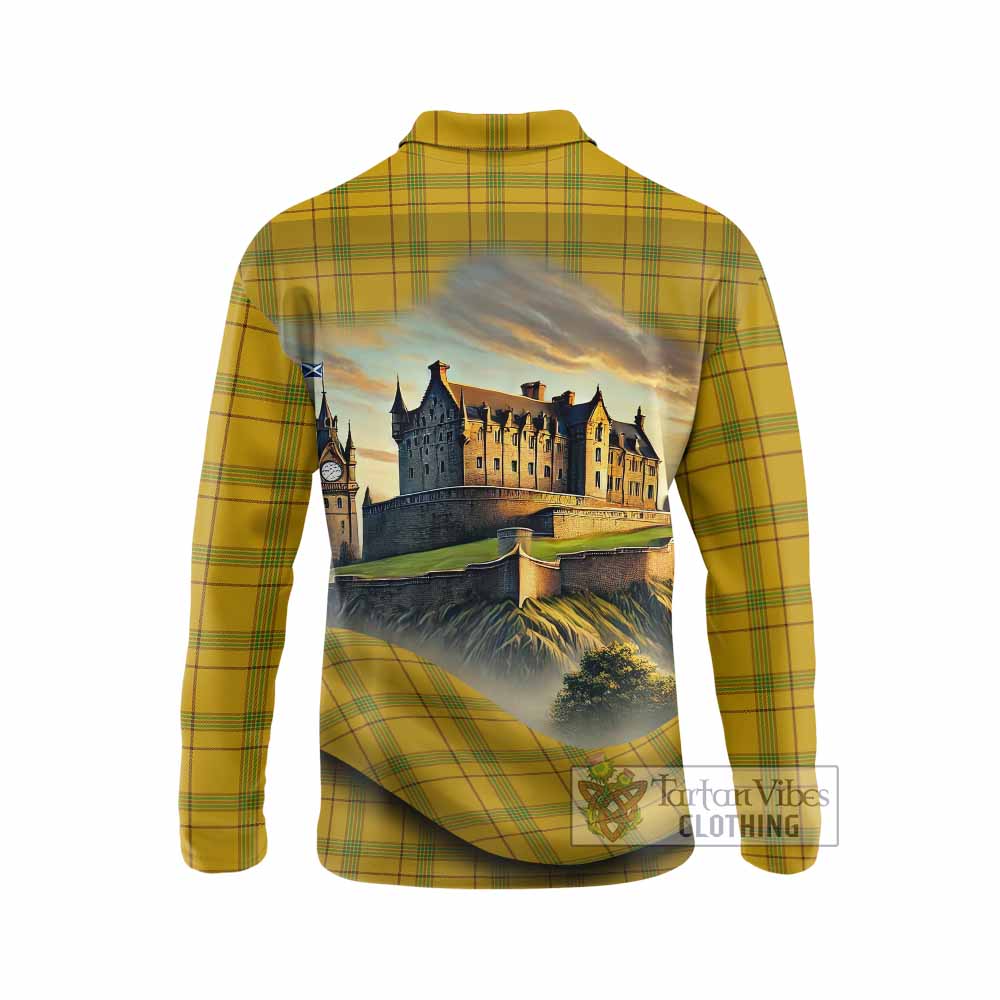 Houston Tartan Family Crest Long Sleeve Polo Shirt with Scottish Ancient Castle Style - Tartan Vibes Clothing