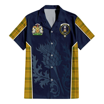 Houston Tartan Short Sleeve Button Up Shirt with Family Crest and Scottish Thistle Vibes Sport Style