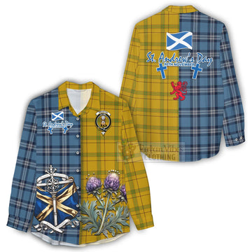 Houston Tartan Women's Casual Shirt Happy St. Andrew's Day Half Tartan Style - Tartan Vibes Clothing