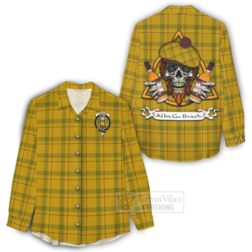 Houston Tartan Women's Casual Shirt with Family Crest and Bearded Skull Holding Bottles of Whiskey - Tartan Vibes Clothing