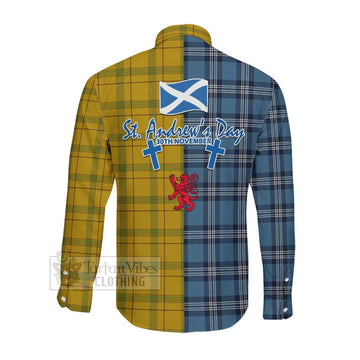 Houston Tartan Long Sleeve Button Shirt Happy St. Andrew's Day Half Tartan Style Men's Shirt - Tartan Vibes Clothing