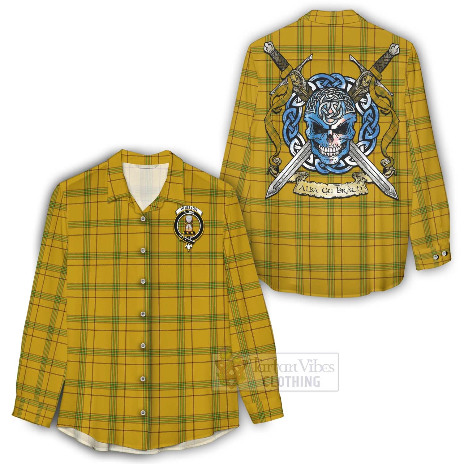 Houston Tartan Women's Casual Shirt with Family Crest Celtic Skull Style - Tartan Vibes Clothing