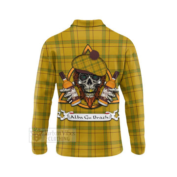 Houston Tartan Long Sleeve Polo Shirt with Family Crest and Bearded Skull Holding Bottles of Whiskey - Tartan Vibes Clothing