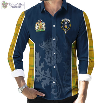 Houston Tartan Long Sleeve Button Up Shirt with Family Crest and Scottish Thistle Vibes Sport Style