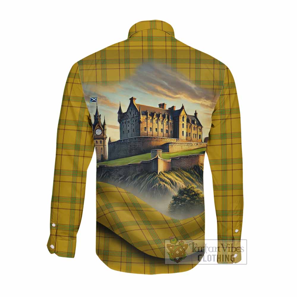 Tartan Vibes Clothing Houston Tartan Family Crest Long Sleeve Button Shirt with Scottish Ancient Castle Style