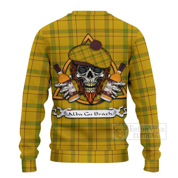 Houston Tartan Ugly Sweater with Family Crest and Bearded Skull Holding Bottles of Whiskey - Tartan Vibes Clothing