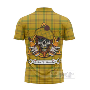 Houston Tartan Zipper Polo Shirt with Family Crest and Bearded Skull Holding Bottles of Whiskey - Tartan Vibes Clothing