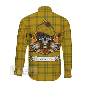 Houston Tartan Long Sleeve Button Shirt with Family Crest and Bearded Skull Holding Bottles of Whiskey Men's Shirt - Tartan Vibes Clothing