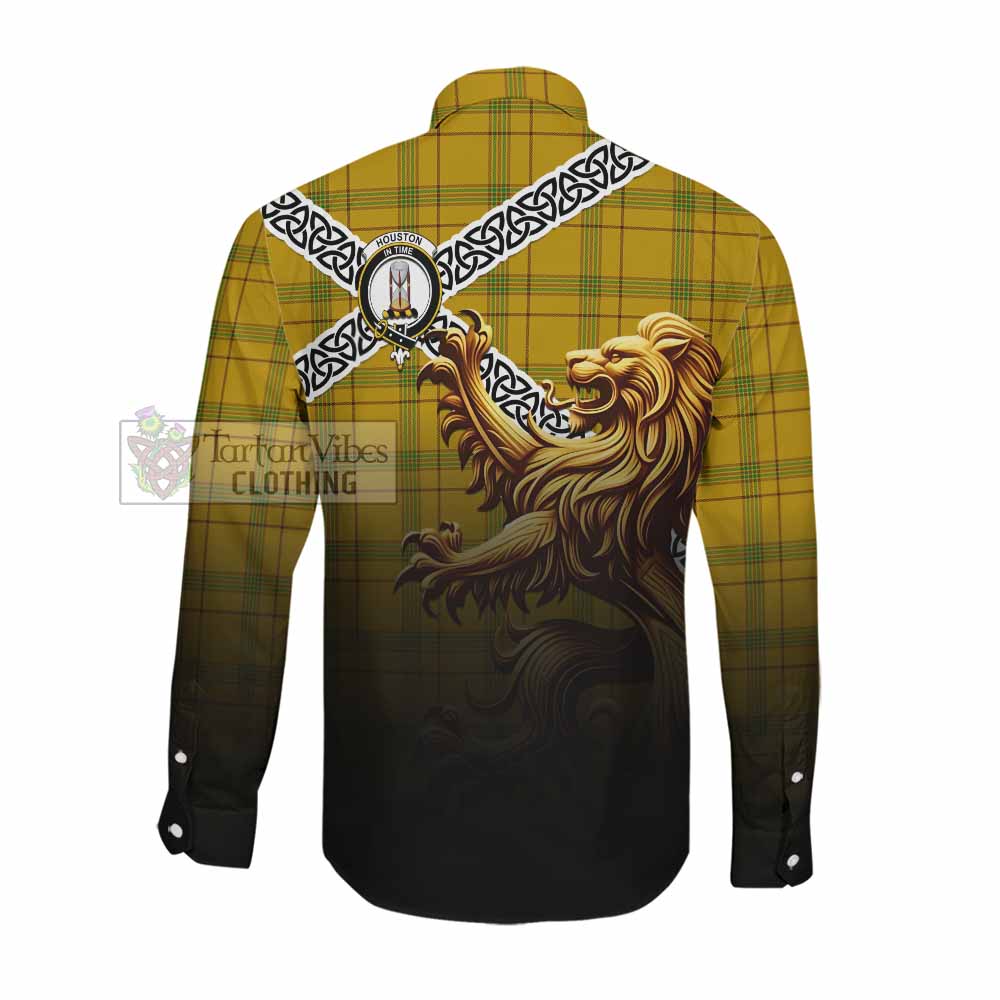 Houston Crest Tartan Long Sleeve Button Shirt with Golden Lion Emblem Celtic Style Men's Shirt - Tartan Vibes Clothing