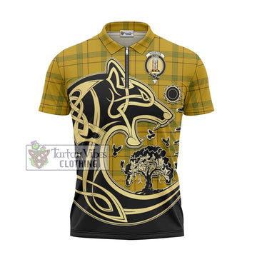 Houston Tartan Zipper Polo Shirt with Family Crest Celtic Wolf Style - Tartan Vibes Clothing
