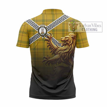Houston Crest Tartan Zipper Polo Shirt with Golden Lion Emblem Celtic Style - Tartan Vibes Clothing