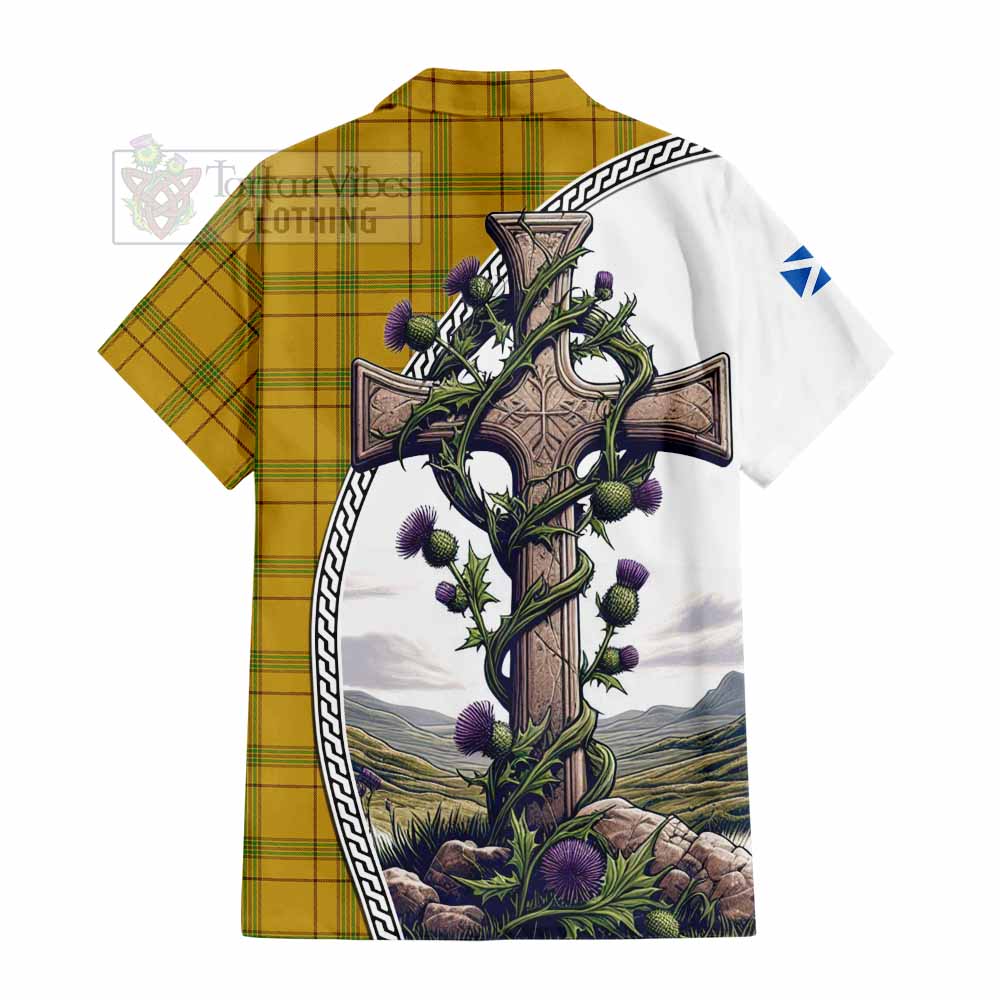 Houston Tartan Hawaiian Shirt with Family Crest and St. Andrew's Cross Accented by Thistle Vines - Tartan Vibes Clothing