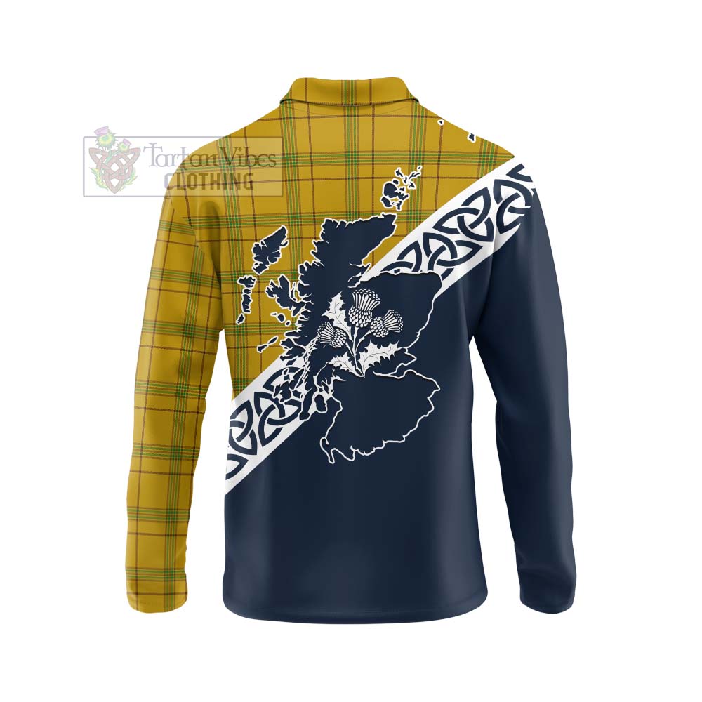 Houston Tartan Long Sleeve Polo Shirt Featuring Thistle and Scotland Map - Tartan Vibes Clothing
