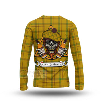 Houston Tartan Long Sleeve T-Shirt with Family Crest and Bearded Skull Holding Bottles of Whiskey - Tartan Vibes Clothing