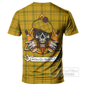 Houston Tartan T-Shirt with Family Crest and Bearded Skull Holding Bottles of Whiskey - Tartan Vibes Clothing