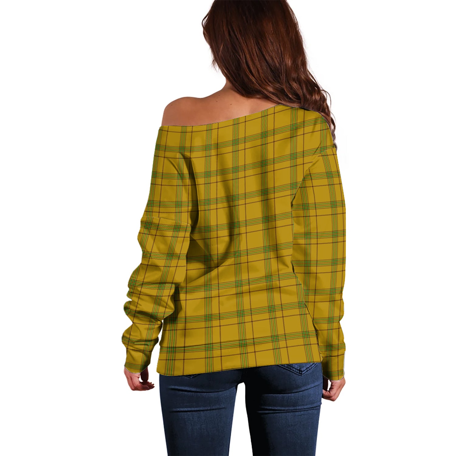 Houston Tartan Off Shoulder Women Sweater with Family Crest - Tartan Vibes Clothing