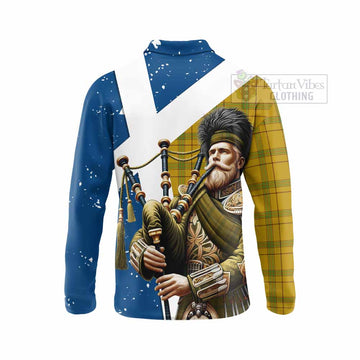 Houston Tartan Long Sleeve Polo Shirt with Family Crest Scottish Bagpiper Vibes - Tartan Vibes Clothing