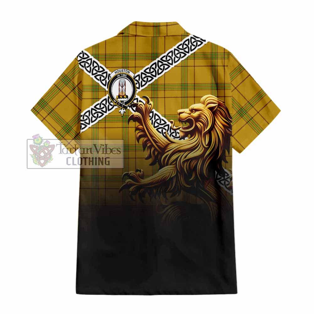 Houston Crest Tartan Hawaiian Shirt with Golden Lion Emblem Celtic Style - Tartan Vibes Clothing