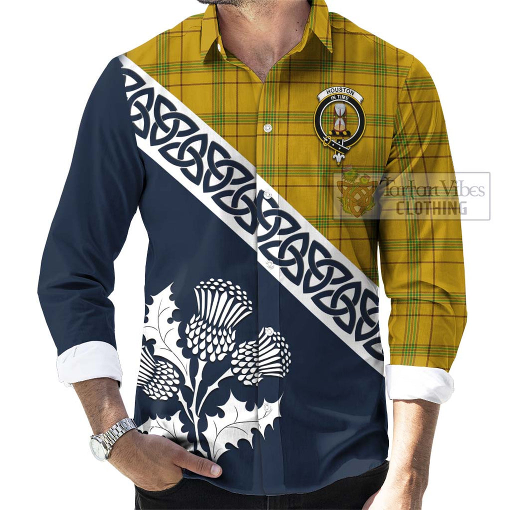 Houston Tartan Long Sleeve Button Shirt Featuring Thistle and Scotland Map Men's Shirt - Tartan Vibes Clothing
