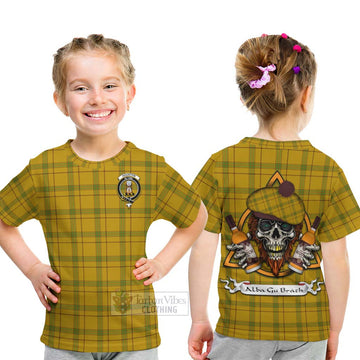 Houston Tartan Kid T-Shirt with Family Crest and Bearded Skull Holding Bottles of Whiskey - Tartan Vibes Clothing