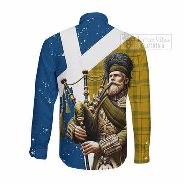 Houston Tartan Long Sleeve Button Shirt with Family Crest Scottish Bagpiper Vibes - Tartan Vibes Clothing